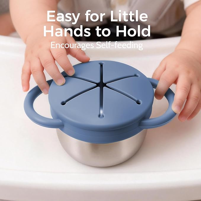 2 Pack Stainless Steel Spill Proof Snack Cup for Baby Toddlers Kids, with Silicone Food Catcher, Travel Lid, Spill-Proof Bowl Containers, Non Toxic BPA Free (Morandi Blue and Off-white)