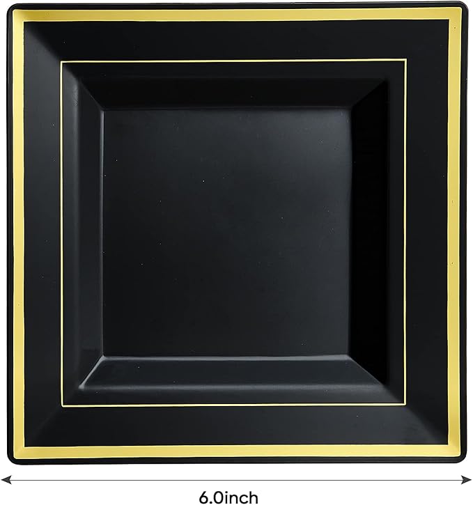 JOLLY CHEF 60 Pack Halloween Birthday Plastic Plates- Square Gold Plastic with Elegant Gold Rim 9.5 Inch Black Disposable Plates for Wedding, Birthday, Halloween and Party