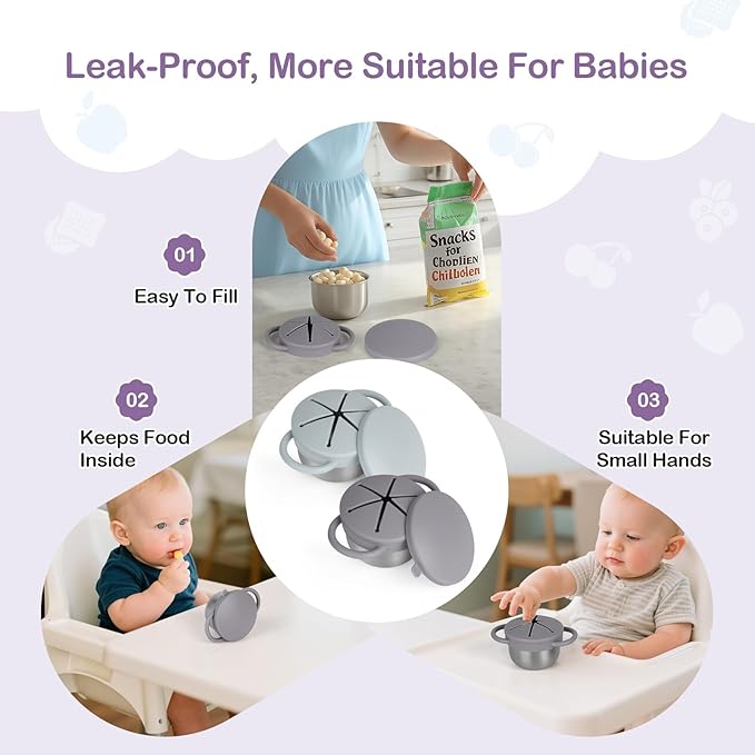 Daximo 2 Pack Snack Cups for Toddlers Spill Proof - Detachable Stainless Steel Toddler Snack Cups with Silicone Lids & Handles - Dishwasher Safe Baby Snack Containers (Matte Gray and Matte Green)