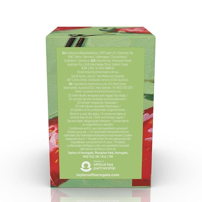 Taylors of Harrogate Strawberry & Vanilla, Green Tea, Individually Wrapped Bags, 20 Count (Pack of 6), Smooth, Juicy and Sweet, Caffeinated, Enjoy Hot or Iced, 120 Teabags Total