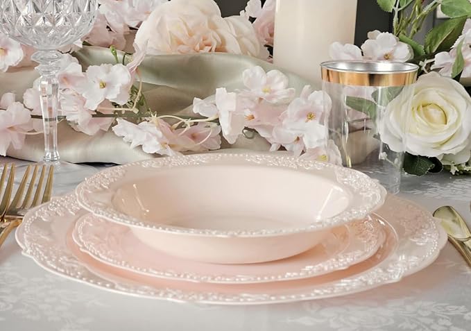 " OCCASIONS " 50 Plates Pack (25 Guests) Vintage Wedding Party Disposable Plastic Plate Set -25x10.25'' Dinner +25x7.5'' Salad/Dessert plates (Portofino in Light Pink)