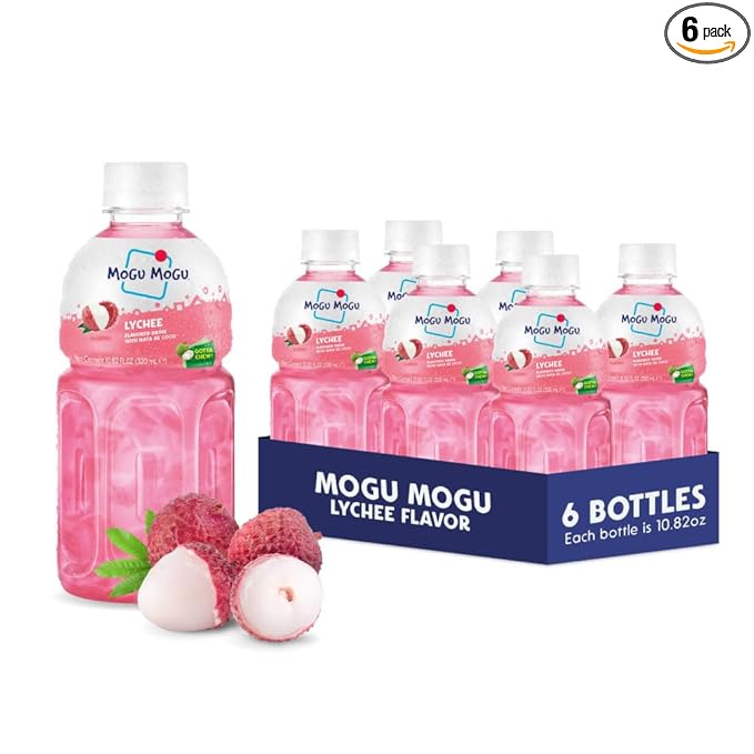 Mogu Mogu Lychee Juice Drink with Nata de Coco (Coconut Jelly) – Chewy Fruit Beverage for Kids & Adults, 6 Pack Bottles, 10.82 fl oz Each