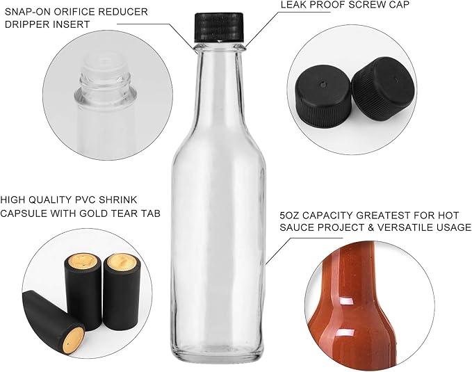 35 Pack 5oz Hot Sauce Bottles with Lids,Glass Woozy Bottles with Dripper Inserts and Shrink Capsules,Small Glass Wine Bottle for Homemade Sauces,Oils,Vanilla Extracts,Dressings,Gifting