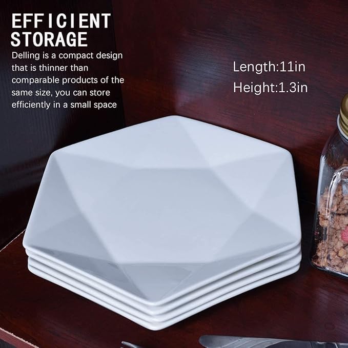 DELLING 11 Inch Star Dinner Plates Set of 4, White Porcelain Plates, Unique Geometric Serving Plates for Steak Sushi Appetizer Dessert Salad, Ceramic Plates Microwave Oven Dishwasher Safe