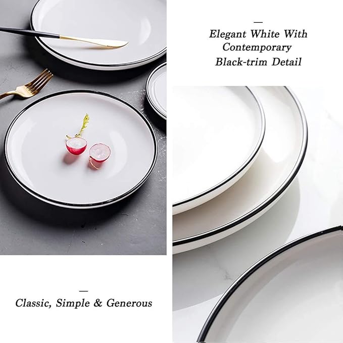 6-inch Small Porcelain Appetizer Plates, White with Black Edges Dinner Side Dishes Serving Plate, Dessert, Salad, Snacks Plate, Set of 6