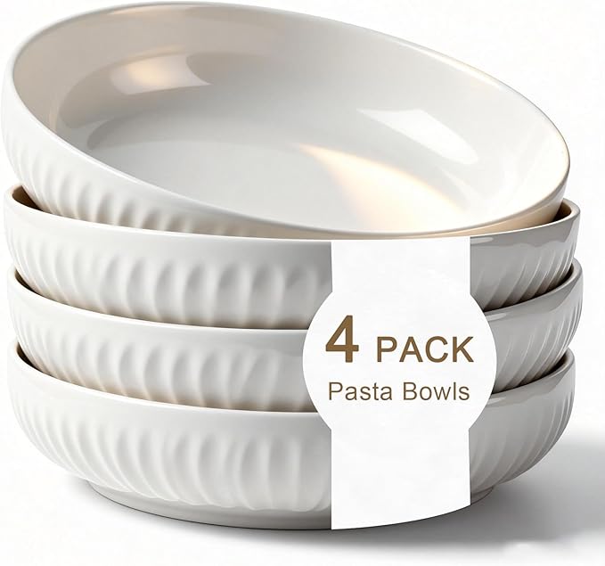 8 Inch Ceramic Pasta Bowls set of 4, 34 Oz White Serving Bowls - Microwave, Dishwasher & Oven Safe, Shallow Soup Bowls for Salad, Pasta, Cereal