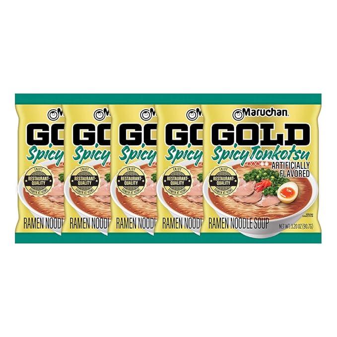 Maruchan Gold Ramen Noodle Soup, Spicy Tonkotsu Flavor – Restaurant Quality Japanese-Style Instant Noodles, Quick & Easy Meal – 3.2 Oz. (5 Pack)