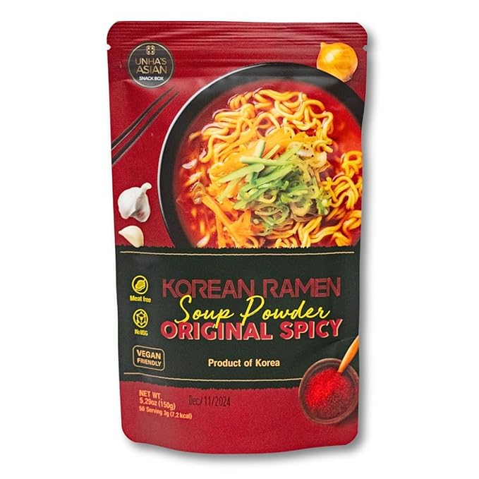 Korean Ramen Soup Seasoning Powder, Hot and Spicy Flavor, Vegan Instant Broth Mix, 5.29 oz Pack – Product of Korea