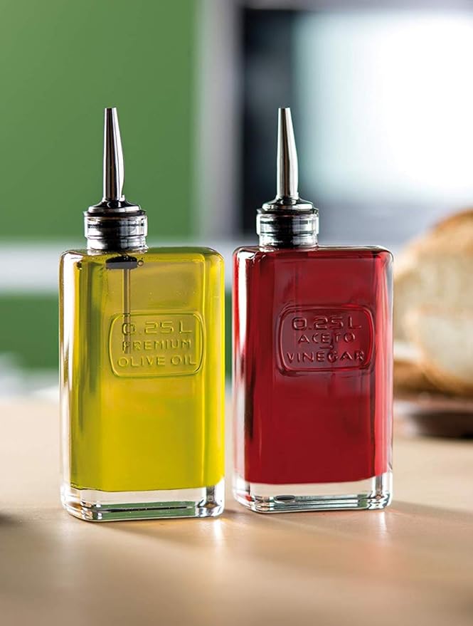 Luigi Bormioli Optima Olive Oil Bottle with Silicone & Stainless Steel Pourer - 8.5 Oz Dispenser for Oils, Vinegars & Liquid Seasonings, Glass Storage Accessory for Cooking & Serving