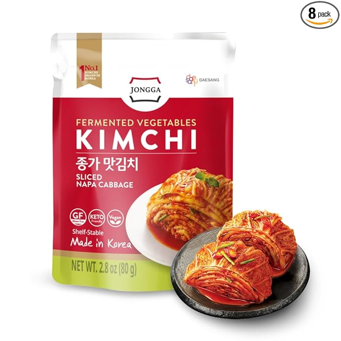 Spicy Premium Fermented Kimchi Napa Cabbage [ FUN SIZE Pouch Pack of 8] - [Original] – (Gluten Free / KETO / Vegan) | 0 Fat/ 0 Sugar/ 0 Cholesterol | Long Shelf Life | Perfect for Ramen & Stir-Fries - JONGGA