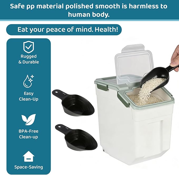 Rice Storage Container 50 lbs Large Household Flour Sugar Containers Airtight Grain Cereal Dispenser with Wheels, Locking Lid & Measuring Cup for Kitchen Pantry Organization, 2 Pack(Green)