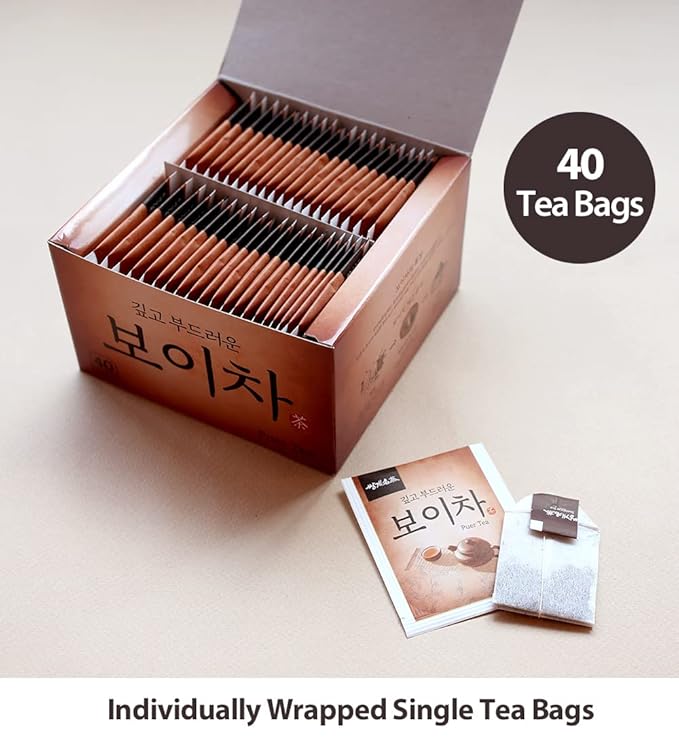 Ssanggye Puer Tea 0.6g x 40 Tea Bags, Premium Korean Herbal Pu-erh Tea Hot Cold Brew Black Tea, Loose Leaf Oriental Soothing Savory Deep Herb Flavor 4 Seasons Daily Drink Made in Korea