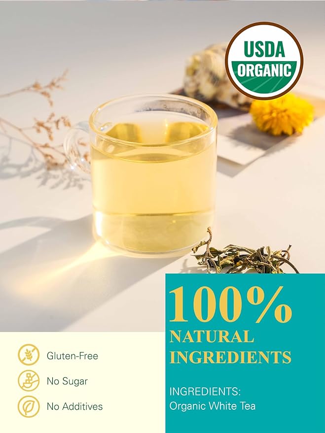 Organic White Tea Loose Leaf, 7oz Premium Whole Leaf White Tea, Light Floral & Clean Aroma, Smooth Refreshing Finish, Hot or Cold Brew, Low Caffeine