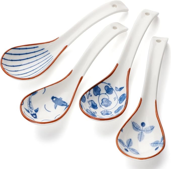 Chinese Soup Spoons Set of 4 Korean Spoons Porcelain Ramen Spoons for Pho Noodle Cereal Dumpling