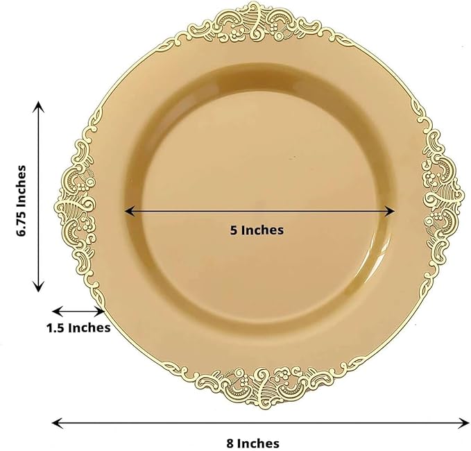 Efavormart 10 Pack | 8" All-Gold Baroque Dessert Plates, Leaf Embossed Metallic Rim Heavy Duty Appetizer Plates for Royal Anniversary Celebrations