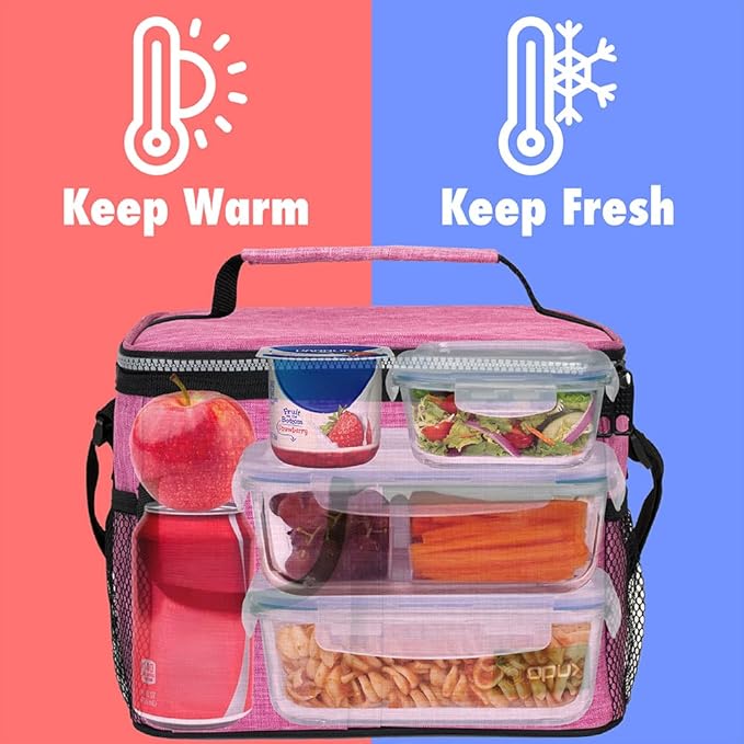 opux Insulated Lunch Box for Men Women Kids, Leakproof Reusable Lunch Bag Cooler for Work School Office, Soft Thermal Lunchbox Tote with Shoulder Strap for Boys Girls Adults, Heather Pink, 14 Can/8L