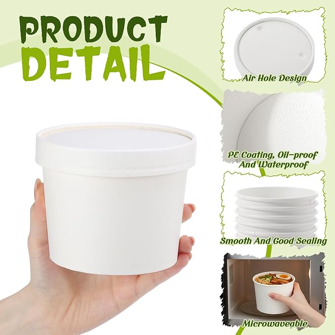 Fulmoon 100 Pack Paper Soup Containers with Lids Disposable Paper Food Containers with Vented Lid Kraft Ice Cream Cake Dessert Cups Soup Bowl for Party Hot Food Fruit Microwave(20 oz,White)