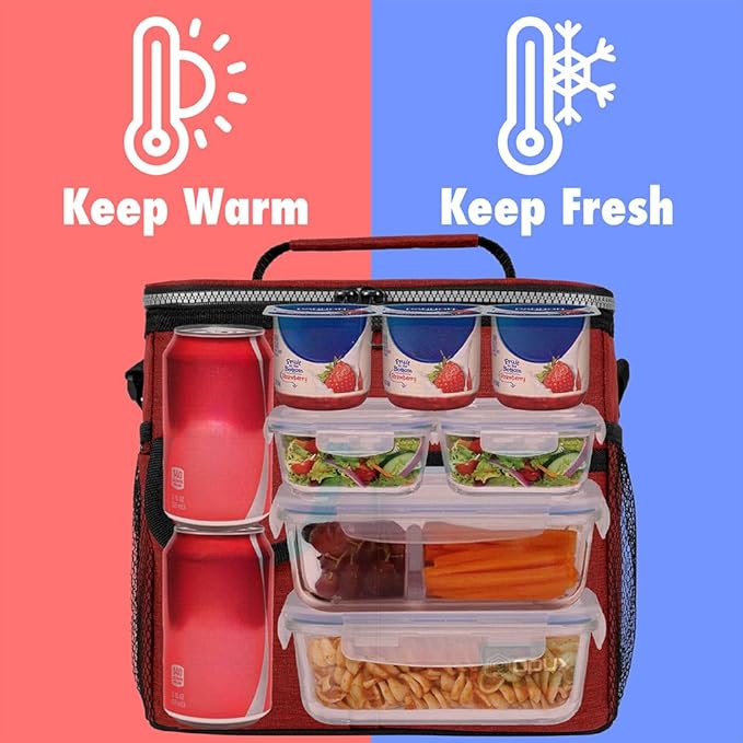 opux Insulated Lunch Box for Men Women Kids, Leakproof Reusable Lunch Bag Cooler for Work School Office, Soft Thermal Lunchbox Tote with Shoulder Strap for Boys Girls Adults, Heather Red, 18 Can/10L