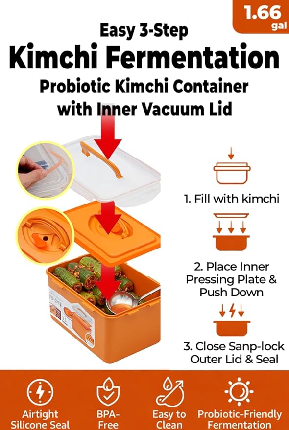 Probiotic Kimchi & Sauerkraut Container for Fresh Fermentation | Airtight Food Storage with Inner Vacuum Lid, (6.3 L) (1.66gal)