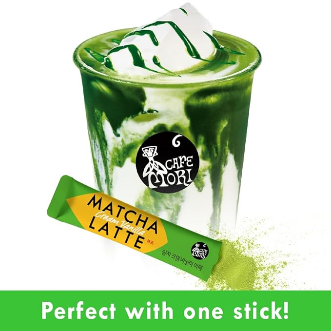 ROASTIQUE Official Café Mori Jeju Matcha Latte, 10 Sticks, 90 Calories, Ceremonial Grade Green Tea Powder Sweetened Café Quality Drink Mix, Cream Vanilla, 7 oz