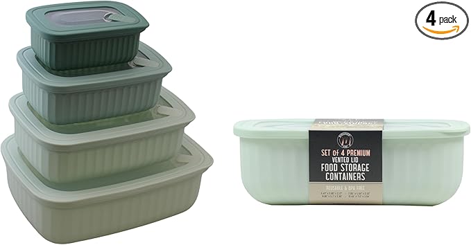 Set of 4 BPA Free Food Storage Containers with Vented Lids Assorted Sizes, Microwave & Freezer Safe, Leftovers, Meal Prep, Fridge Organization Dry Grains Storage by Dependable Industries Inc. (Green)