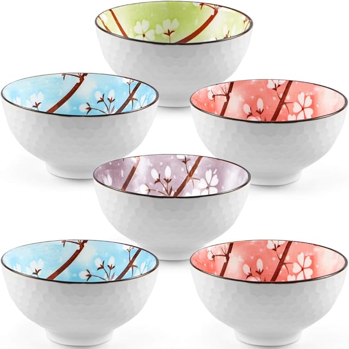 Ceramic Rice Bowls 10 oz, Sakura Bowl Gift Set, Assorted Color Dinnerware Serving Bowls for Rice, Cereal, Noodle, Soup, Desserts, Pack of 6 (Cherry Blossom)