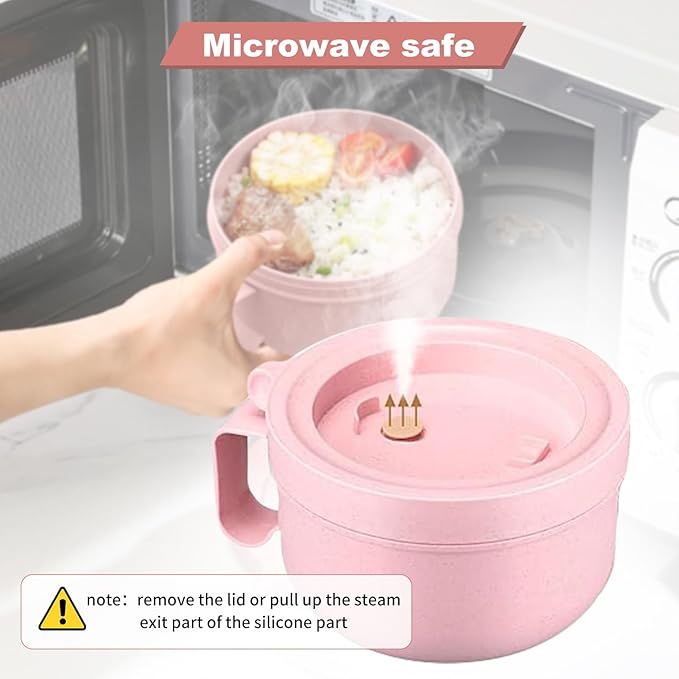 Rarapop 3 Pack Microwave Soup Bowl Containers with Lids, 28.7oz Wheat Straw Ramen Noodles Cup Mug for Instant Noodles,Oatmeal, Gumbo, Salad,Crunch,Cereal & More, Easy-Grip Design(Beige, Pink, Green)