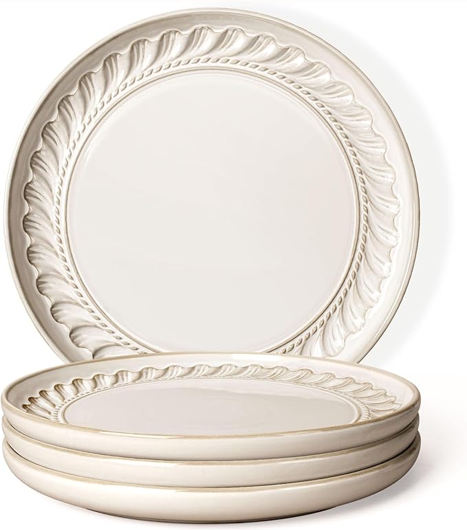Artena Large Ceramic Dinner Plates Set Of 4, 10.75 Inch Embossed Kitchen Salad Plates, Modern Serving Plates For Restaurant, Plates With Lipped Edges, Microwave Dishwasher Safe (Willow Leaf)