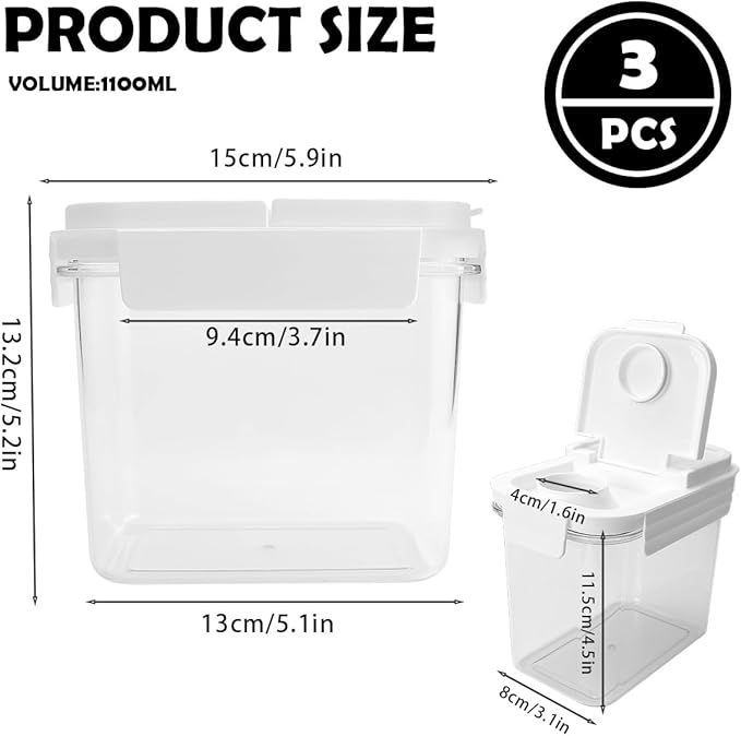 3Pcs Cereal Storage Container，White Food Storage Container with Flip-Top Lids Plastic Cereal Organizer Dispenser 1.1L/38oz for Grain, Rice and Snacks Kitchen Organizers and Storage