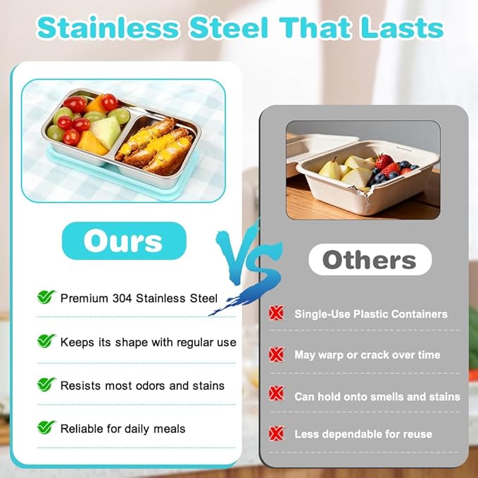 YQL 3 Pack Stainless Steel Snack Containers with Lids, Double Compartment Snack Box for Lunch Prep, Reusable Leakproof Bento Box, Food Storage Containers for Travel, Office, Camping