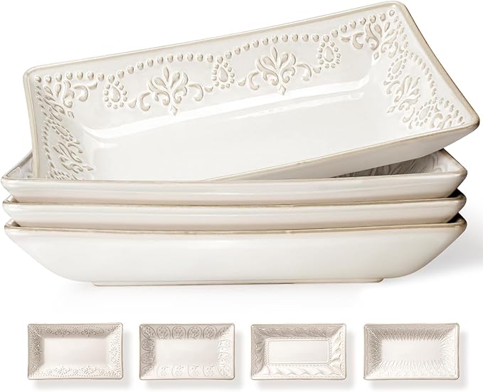 Artena 9.85" Ceramic Rectangle Plates Set of 4 - Deep Lipped Edges, Appetizer Salad Sushi Pasta Dessert Plates, Microwave/Oven Safe, Cute Kitchen Dinner Restaurant Serving Dishes (Multiple Patterns)