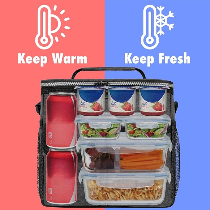 opux Insulated Lunch Box for Men Women Kids, Leakproof Reusable Lunch Bag Cooler for Work School Office, Soft Thermal Lunchbox Tote Shoulder Strap for Boys Girls Adults, Heather Charcoal, 18 Can/10L