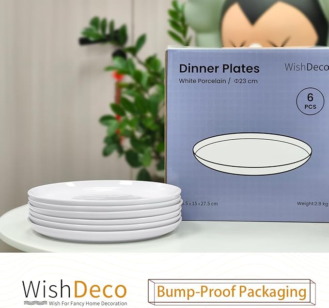 WishDeco White Dinner Plates Set of 6, Porcelain Salad Plates 9 Inch, Modern Kitchen Plate, Round Serving Dishes, Microwave and Dishwasher Safe, Scratch Resistant, Smooth Glaze