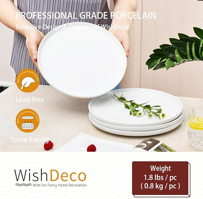 WishDeco White Dinner Plates Set of 4, Ceramic Dining Plates 10.5 inch, Large Salad Plate, Porcelain Kitchen Plate for Pizza, Steak, Microwave and Dishwasher Safe