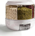 360° Rotating Grain Dispenser | 6-Grid Rice Dispenser with One-Click Dispensing | Airtight Cereal Container for Rice, Beans, Grains Storage (White, Small)