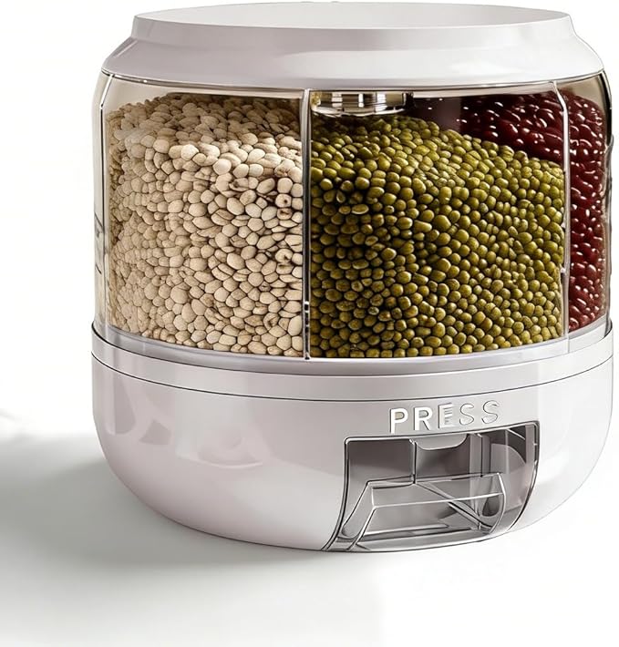 360° Rotating Grain Dispenser | 6-Grid Rice Dispenser with One-Click Dispensing | Airtight Cereal Container for Rice, Beans, Grains Storage (White, Small)
