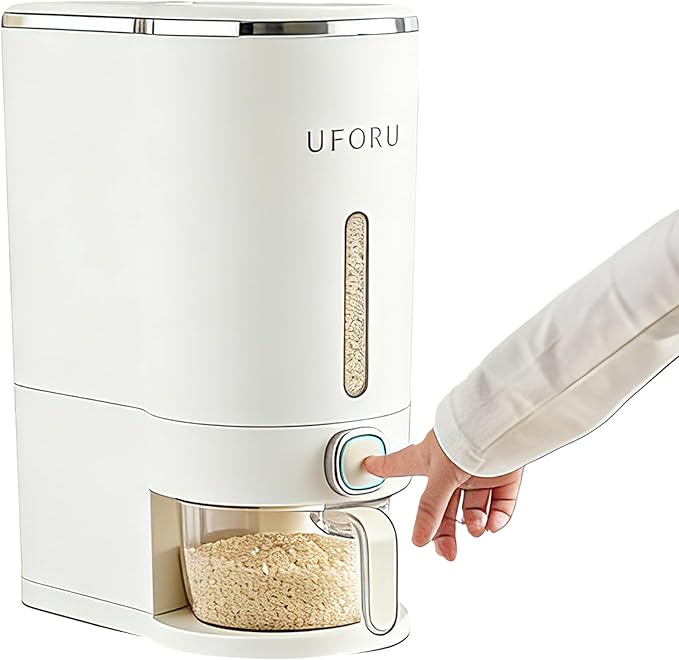 UFORU Rice Dispenser, Rice Storage Container with Measuring Cup for Kitchen Pantry Household, Cereal Dry Food Storage Containers Airtight, Sealed Moisture Proof (White 22 Lbs)