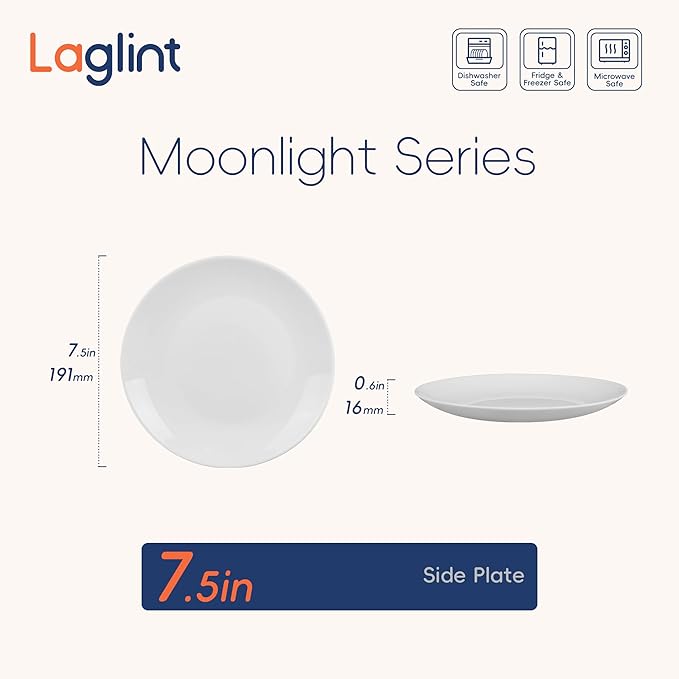 LaGlint 7.5 inch Appetizer Plate Set of 6, Lightweight Opal Glass Round White Salad Plates for Dessert Kitchen, Dishwasher and Microwave Safe