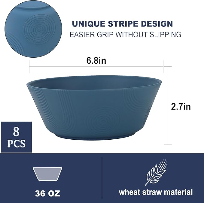 PYRMONT Large Cereal Bowls 36 OZ Wheat Straw Bowls Set of 8 Alternative Plastic Bowls Reusable Microwave & Dishwasher Safe Unbreakable Bowls for Salad Kitchen Bowls for Serving,Camping,RV-Multi