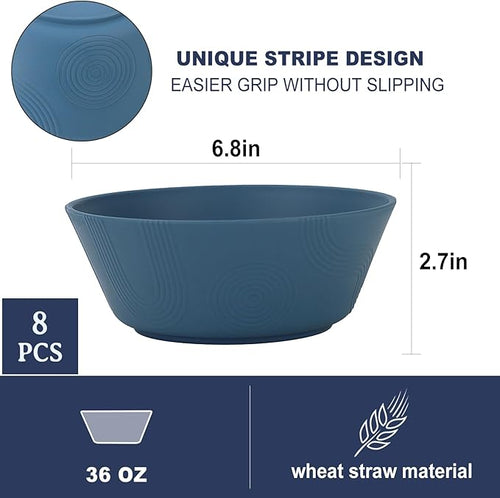 PYRMONT Large Cereal Bowls 36 OZ Wheat Straw Bowls Set of 8 Alternative Plastic Bowls Reusable Microwave & Dishwasher Safe Unbreakable Bowls for Salad Kitchen Bowls for Serving,Camping,RV-Multi