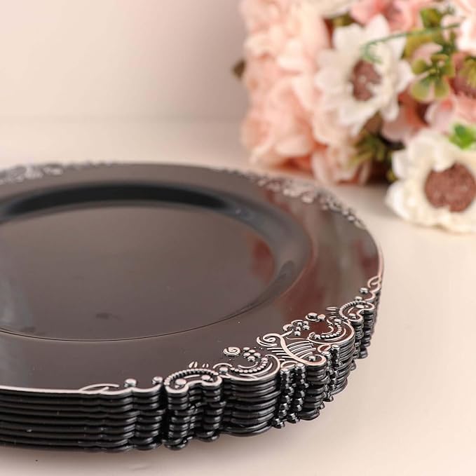 Efavormart 10 Pack | 8" Black and Silver Baroque Dessert Plates, Leaf Embossed Metallic Rim Heavy Duty Appetizer Plates for Industrial Chic Events