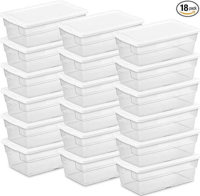 Sterilite 6 Quart Clear Storage Bins with Lids, 18-Pack Plastic Storage Containers, Clear Stackable Storage Bins Box for Closet, Garage, Classroom, Home Organization and Storage, Cloth Included