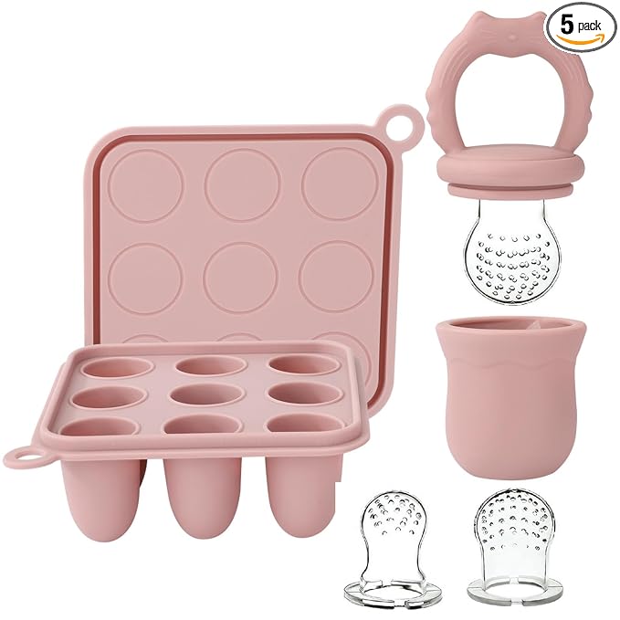 Socub Silicone Baby Fruit Food Feeder & Baby Food Freezer Tray Set, Milk Popsicle Molds for Baby Teething Relief, Baby Food Pacifier Feeder for Infants Self Feeding, Include 3 Sizes Food Pouch