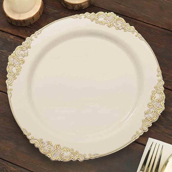 Efavormart 10 Pack | 10" Ivory and Gold Baroque Dinner Plates, Leaf Embossed Metallic Rim Heavy Duty Serving Plates for Traditional Holiday Banquets
