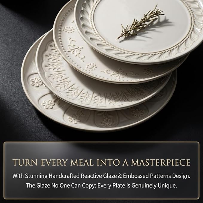 Artena Large Ceramic Dinner Plates Set Of 4, 10.75 Inch Embossed Kitchen Salad Plates, Modern Serving Plates For Restaurant, Plates With Lipped Edges, Microwave Dishwasher Safe (Willow Leaf)