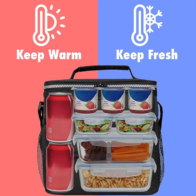 opux Insulated Lunch Box for Men Women Kids, Leakproof Reusable Lunch Bag Cooler for Work School Office, Soft Thermal Lunchbox Tote with Shoulder Strap for Boys Girls Adults, Black, 18 Can/10L