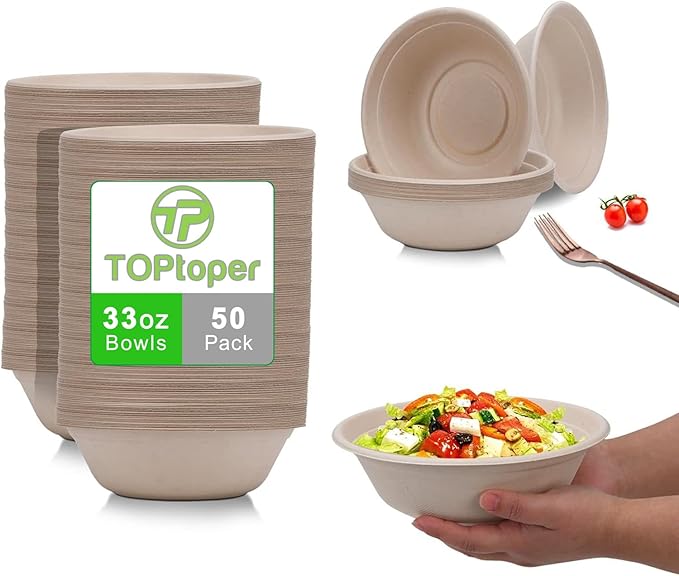 TOPtoper 33Oz 50Pack Large Paper Bowls, Disposable Bowls Bulk Leakproof and Microwave Safe for Hot or Cold Use (33 OZ)