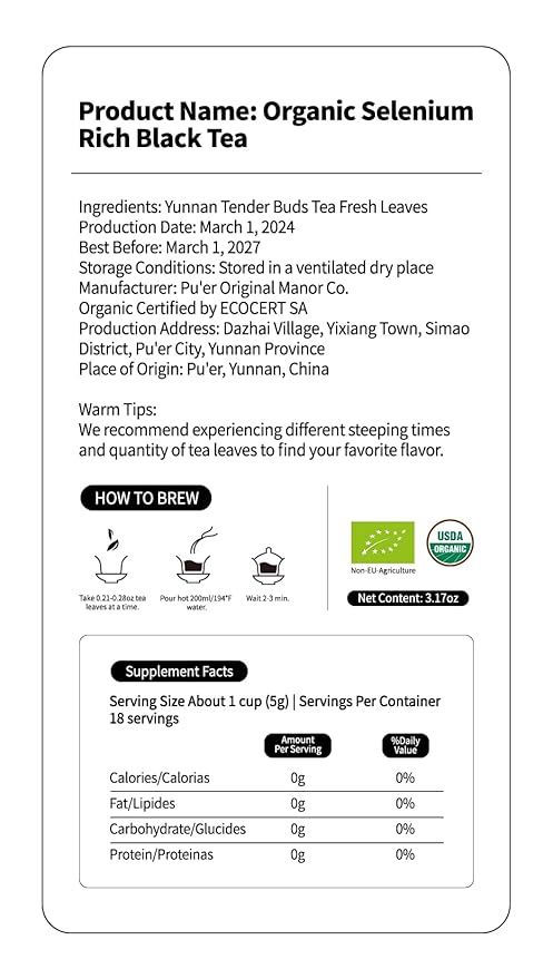 KHS Organic Selenium Tea, 3.17 OZ USDA Certified Chinese Yunnan Black Selenium-rich Tea, Health & Refreshment, No Dust Production Workshop, Natural Organic Planting Perfect for Hot Brew