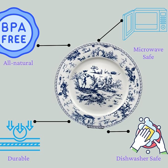 W&S CLASSICS Classic French Luxury Round Dinner Plates | 10.5 Inches Colorful Ceramic Flat Plates – Set of 6| Large Serving Plates for Party | Dishes for Appetizer, Salad, Desert, Steak (Blue)