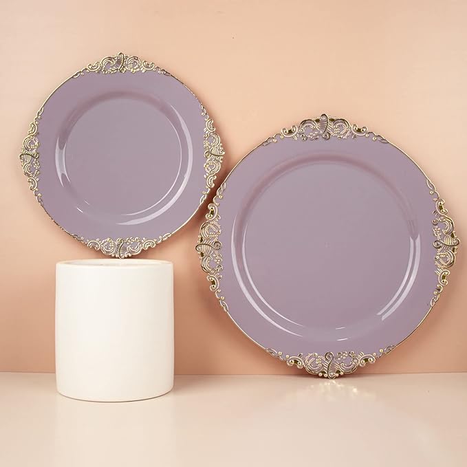Efavormart 10 Pack | 8" Lavender and Gold Baroque Dessert Plates, Leaf Embossed Metallic Rim Heavy Duty Appetizer Plates for Spring Tea Parties